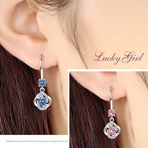 Pendientes largos Mujer Plata de Ley 925,aretes largos de mujer, pendientes niña largos colgantes forma de gota, Zirconia color Rosa, incluida caja regalo