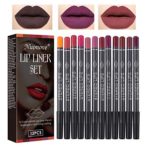 Perfilador de Labios Delineador de Labios Lápiz Labial Lápiz， Moldeador de Contorno de Labios Mate, Delineador de Labios Impermeable de Larga Duración Para Mujeres, 12 Colores