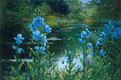 Peter Ellenshaw Blue Poppies In Buchart Gardens 1990 b13425 A4 Canvas - Estirado, listo para colgar (12/8 inch)(31/20 cm) - Película Decoración de pared Arte Actor Actriz Regalo Anime Auto Cinema Ro