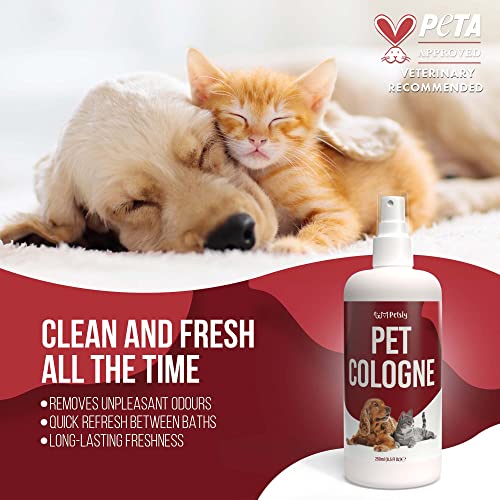 PETSLY Colonia Perros y Gatos con Aloe Vera - Colonia para Perros - Colonia Perros Cachorros, Fórmula Natural para Piel Sensible - Perfume para Perros y Gatos - Colonia Gatos Aroma Melocotón, 250ml