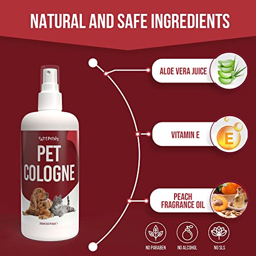 PETSLY Colonia Perros y Gatos con Aloe Vera - Colonia para Perros - Colonia Perros Cachorros, Fórmula Natural para Piel Sensible - Perfume para Perros y Gatos - Colonia Gatos Aroma Melocotón, 250ml