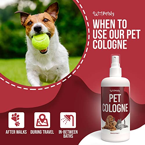 PETSLY Colonia Perros y Gatos con Aloe Vera - Colonia para Perros - Colonia Perros Cachorros, Fórmula Natural para Piel Sensible - Perfume para Perros y Gatos - Colonia Gatos Aroma Melocotón, 250ml