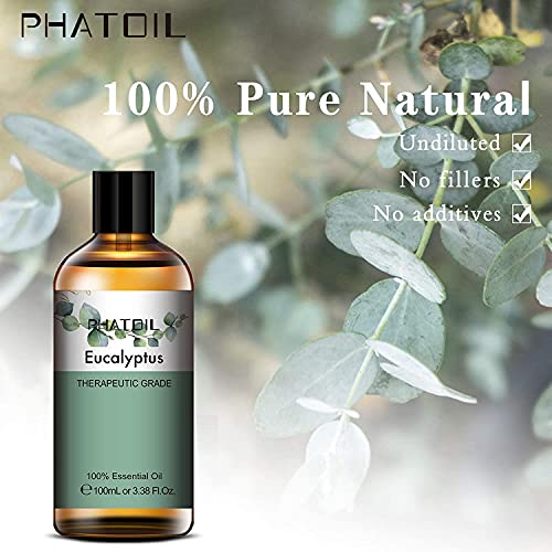 PHATOIL Aceites Esenciale de Eucalipto 100 ml, 100% Naturales Puros, Aceite Esencial de Aromaterapia de Grado Terapéutico, Aceite Esenciales para Humidificador, Difusor, Regalos Perfectos