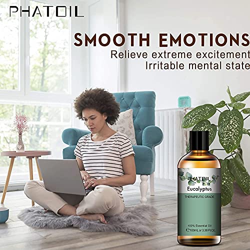 PHATOIL Aceites Esenciale de Eucalipto 100 ml, 100% Naturales Puros, Aceite Esencial de Aromaterapia de Grado Terapéutico, Aceite Esenciales para Humidificador, Difusor, Regalos Perfectos