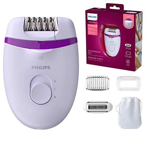 Philips Depiladora Satinelle Essential BRE275/30 - Depiladora mujer para piernas con cable compacta, luz Opti-Light, 2 ajustes de velocidad y 4 accesorios, morado