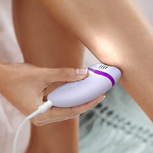 Philips Depiladora Satinelle Essential BRE275/30 - Depiladora mujer para piernas con cable compacta, luz Opti-Light, 2 ajustes de velocidad y 4 accesorios, morado