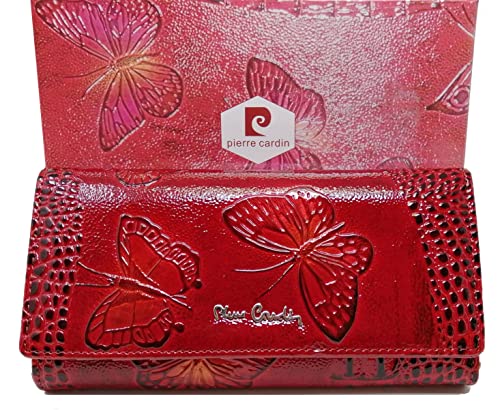 PIERRE CARDIN Cartera de mujer, hermosa, grande, espacioso, cuero, rfi, regalo, cartera con monedero, billetera para niña, rojo,