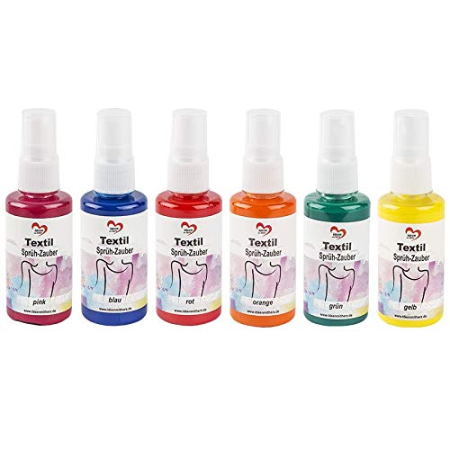 Pintura en spray para textiles de 6 x 50 ml, 6 colores altamente pigmentados con el máximo brillo para textiles claros, a base de agua (spray mago 1 | rosa, azul, rojo, naranja, verde, amarillo)