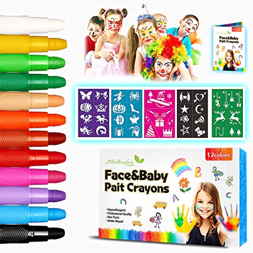 Pinturas Cara para Niños-Alotlucky 12 Colores Pinturas Faciales y Corporales, Pintura Facial no Tóxicos con y 5 Plantillas-Perfectos para Navidad,Fiestas Temáticas,Cosplay,Halloween