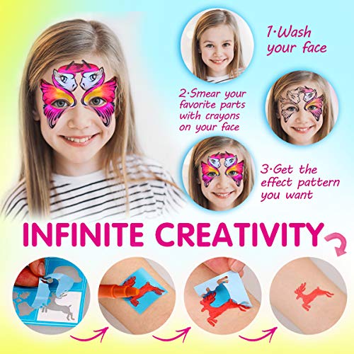 Pinturas Cara para Niños-Alotlucky 12 Colores Pinturas Faciales y Corporales, Pintura Facial no Tóxicos con y 5 Plantillas-Perfectos para Navidad,Fiestas Temáticas,Cosplay,Halloween