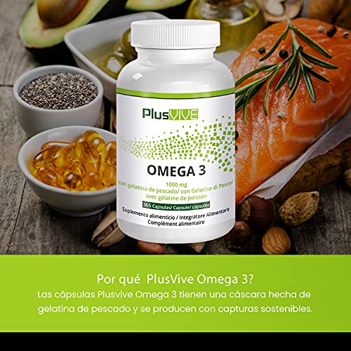 Plusvive - 365 cápsulas de omega 3 con recubrimiento de gelatina de pescado (1000 mg)