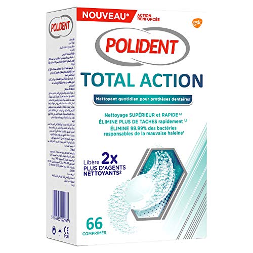 Polident Total Action Nettoyant Pour Prothèses Dentaires Partielles ou Complètes 66 Comprimés Quotidiens