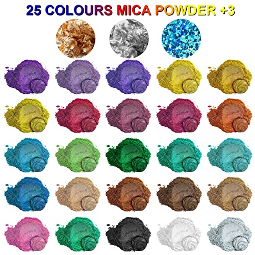 Polvo de mica - Pigmento de resina epoxi de 25+3 colores, tinte de jabón natural, tinte en polvo metálico para hacer joyas, bombas de baño, velas, decoración de uñas (5 g )