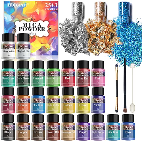 Polvo de mica - Pigmento de resina epoxi de 25+3 colores, tinte de jabón natural, tinte en polvo metálico para hacer joyas, bombas de baño, velas, decoración de uñas (5 g )