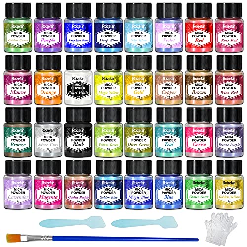 Polvo de mica - Pigmento de resina epoxi de 32 colores, tinte de jabón natural, tinte en polvo metálico para hacer joyas, bombas de baño, velas, decoración de uñas (5 g por botella)