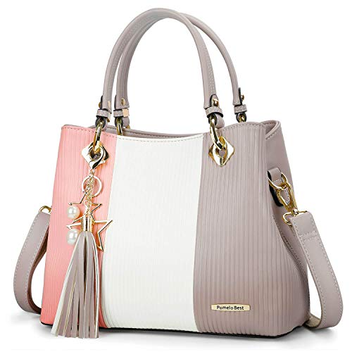 Pomelo Best Bolsos de Mujer, Bolso Señora Tote Multicolor Rayas PU Cuero Con Flecos Bolso Hombro Bolso Shopper perfecto para Trabajo, Diario Vida, Navidad y Fiesta ect (Rosa)