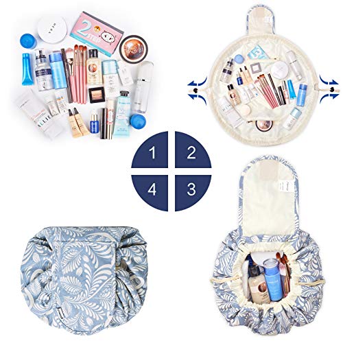 Portátil Lazy Drawstring Bolsa de Maquillaje de Viaje Bolsa de cosméticos Organizador de artículos de tocador Impermeable Grande para Mujeres y niñas (Hoja Azul)