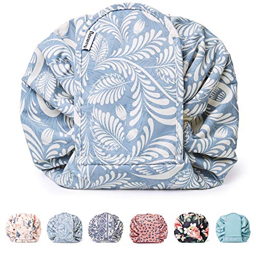 Portátil Lazy Drawstring Bolsa de Maquillaje de Viaje Bolsa de cosméticos Organizador de artículos de tocador Impermeable Grande para Mujeres y niñas (Hoja Azul)