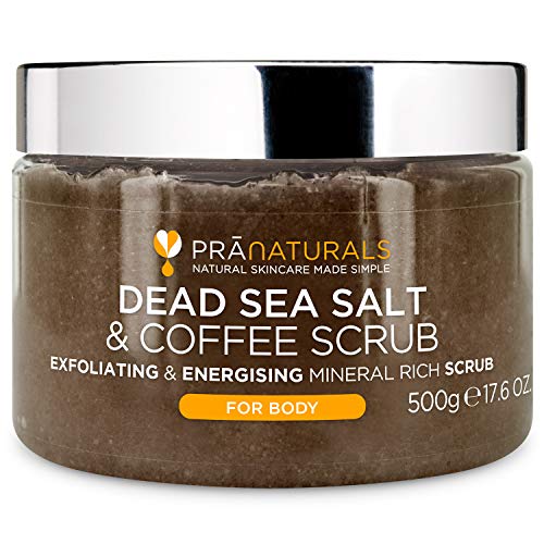 PraNaturals Exfoliante Corporal de Café y Sal del Mar Muerto, 500g – Fórmula Natural, Exfoliante, Hidratante, Hecho de Polvo de Café Arabica, Vegano y Cruelty Free