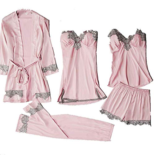 Primavera Nuevo Pijama Cinco Piezas Conjunto Femenino Sexy Suspender Hielo Seda Pijama Hogar Traje con Delgado Pecho Pad