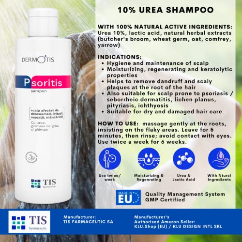 PsoriTIS, Shampoo 10% Urea - Cuero Cabelludo con Seborrea y Psoriasis | Dermatitis Seborreica, Caspa, Pitiriasis, Ictiosis | Picor, Descamación e Inflamación de la Piel | Alivio Calmante e Hidratante