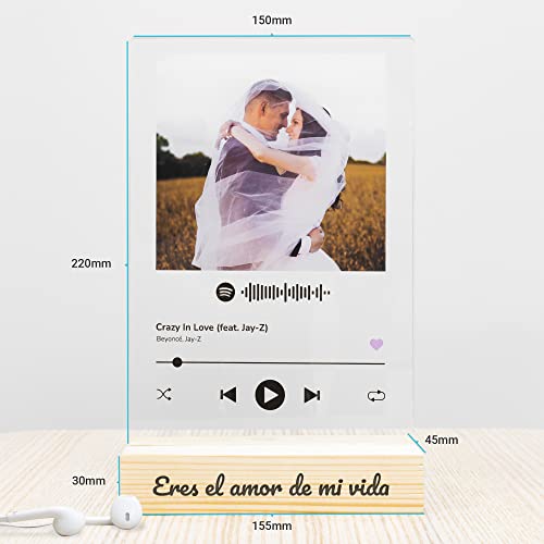 Pulpoint. Placa Spotify Personalizada. Foto Personalizada. Fabricado en Metacrilato con Código Escaneable. Regalo Novios, Novia, Pareja, Día de la Madre, Regalo Aniversario. (Con base de madera)