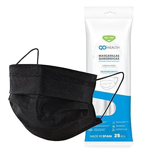 QD HEALTH Mascarillas quirúrgicas Fabricadas en España - Color negro - Packs de 50,100 o 200 unidades Tipo IIR - No reutilizables - Desechables - Homologadas (Pack de 100)