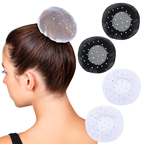 Redecilla para el pelo de 4 piezas, redecilla para niñas, redecilla para el cabello en blanco y negro con pedrería, redecilla para el cabello con nudo de ballet para bailarina de ballet, enfermera