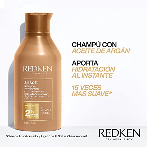 Redken | Champú Hidratante con Aceite de Argán para Cabello Seco y Frágil, All Soft, 300 ml