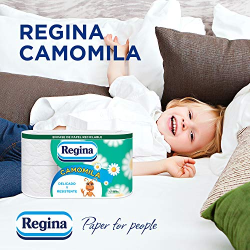 Regina Camomila Papel Higiénico | 42 rollos | 3 capas, 150 servicios por rollo | Perfumado con aroma a camomila | Envase de papel reciclable | Papel 100% certificado FSC®