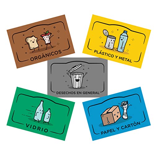 Rekay Pegatinas para el Reciclaje, 5 Etiquetas Adhesivas para Reciclar y Separar Residuos, Etiqueta cada Cubo de Basura con Adhesivos en Español de 8,5x5,5 cm cada uno.