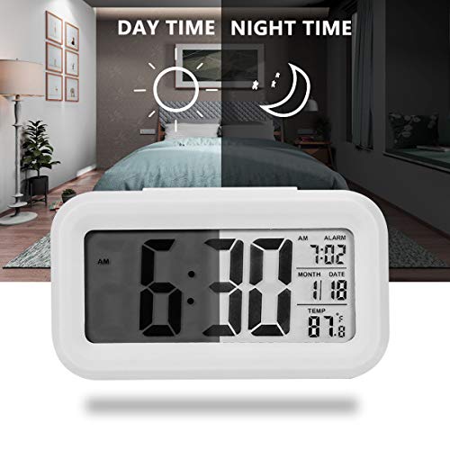 Reloj Despertador LCD Digital, Multi-Funciones Alarma Inteligente Muestra Hora, Temperatura, Fecha Silencioso como Regalo Creativo para Viejos Niños Dormitorio Oficina (Blanco)