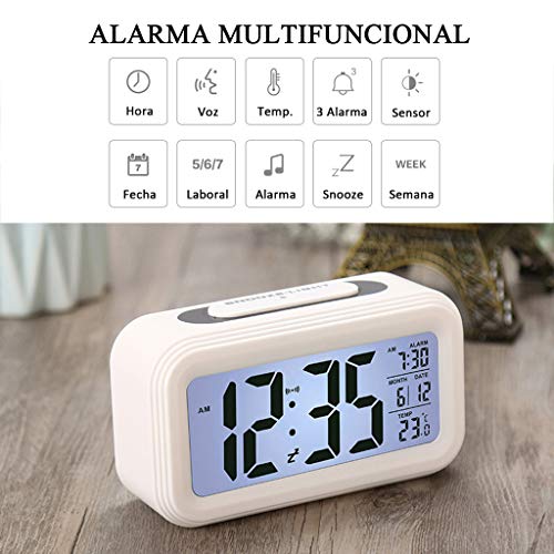 Reloj Despertador LCD Digital, Multi-Funciones Alarma Inteligente Muestra Hora, Temperatura, Fecha Silencioso como Regalo Creativo para Viejos Niños Dormitorio Oficina (Blanco)