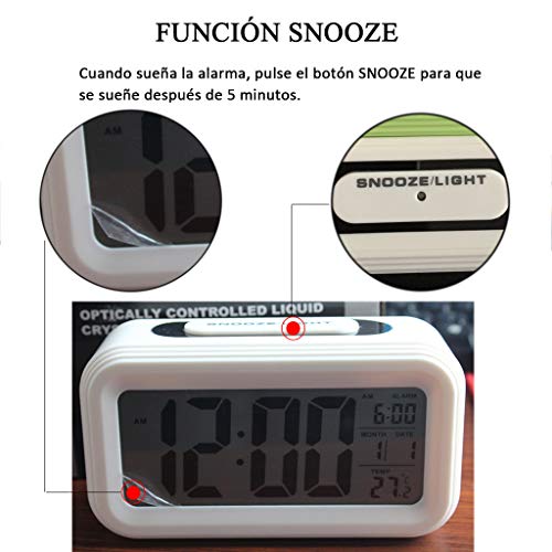 Reloj Despertador LCD Digital, Multi-Funciones Alarma Inteligente Muestra Hora, Temperatura, Fecha Silencioso como Regalo Creativo para Viejos Niños Dormitorio Oficina (Blanco)