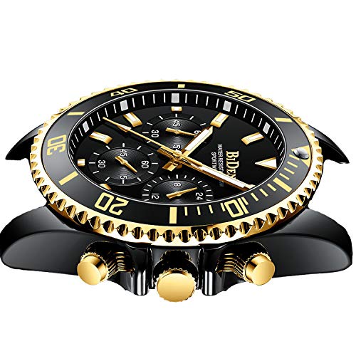 Relojes para Hombre cronógrafo de Acero Inoxidable Impermeable Fecha analógico Reloj de Cuarzo de Negocios Casual Moda Relojes para Hombres, Oro Negro, Pulsera