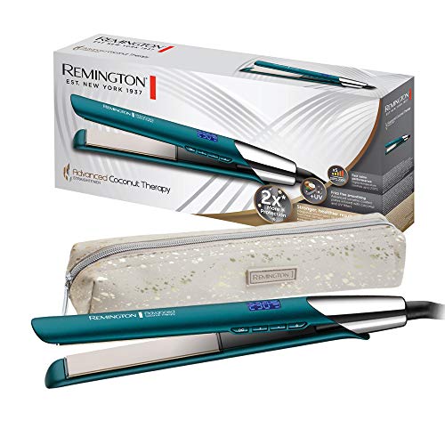 Remington Plancha de Pelo Advanced Coconut Therapy - Cerámica, Digital, Resultados Profesionales, Placas Flotantes, Azul - S8648