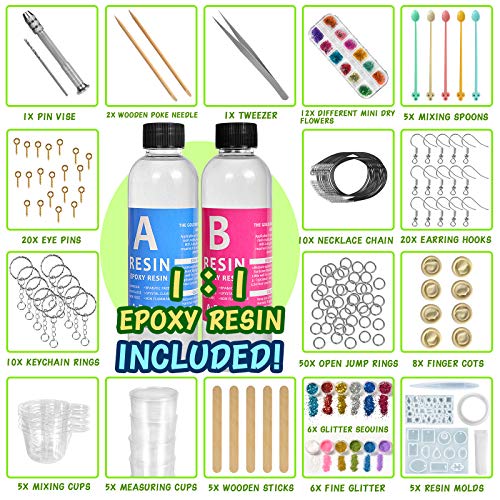 Resina Epoxi Kit Fabricación de Joyas - Moldes Silicona y Fabricación de Accesorios Joyas Resin para Bricolaje,Artesanía, Joyería, Decoración,Accesorios para Ilaveros(440ml) 15.5oz