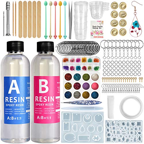 Resina Epoxi Kit Fabricación de Joyas - Moldes Silicona y Fabricación de Accesorios Joyas Resin para Bricolaje,Artesanía, Joyería, Decoración,Accesorios para Ilaveros(440ml) 15.5oz