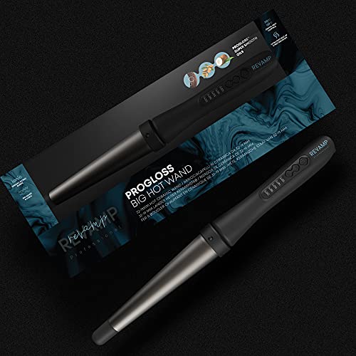 REVAMP Progloss Big Hot Wand Rizador de Pelo Cónico - Tenacilla con Barril de Cerámica Grande para Rizos Y Ondas, Calentamiento Rápido, Temperatura Regulable, Apagado Automático, Black