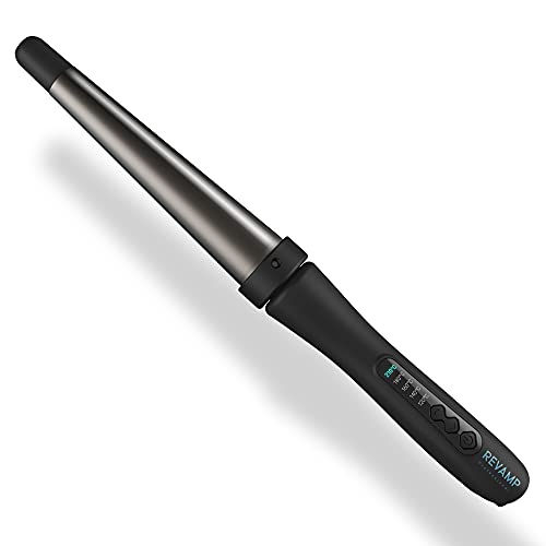 REVAMP Progloss Big Hot Wand Rizador de Pelo Cónico - Tenacilla con Barril de Cerámica Grande para Rizos Y Ondas, Calentamiento Rápido, Temperatura Regulable, Apagado Automático, Black