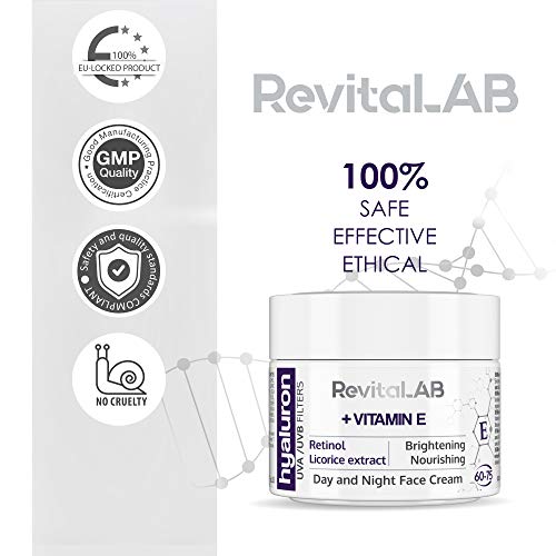 RevitaLAB - Crema antiarrugas de día y de noche enriquecida con vitamina A (retinol), vitamina E, extracto de raíz de regaliz, ácido hialurónico y filtros UV, franja de edad 60-75, 50 ml