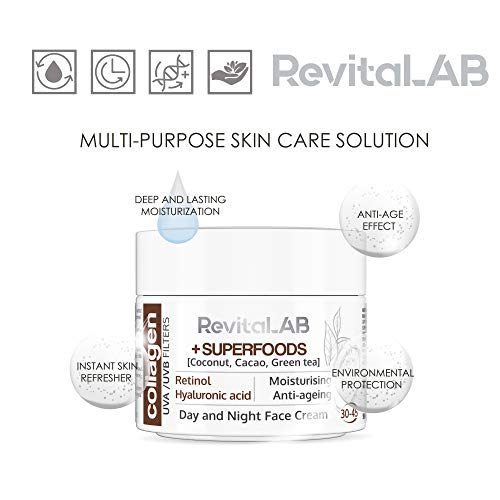 RevitaLAB - Crema hidratante antiarrugas de día y de noche con colágeno enriquecida con ácido hialurónico, superalimentos, vitaminas y un filtro UVA/UVB, franja de edad 30-45, 50 ml