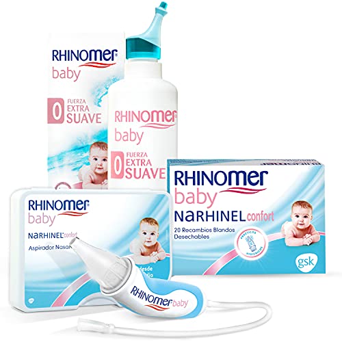 Rhinomer Baby Pack, Spray Nasal 100% Agua de Mar de Origen Natural, Fuerza Extra Suave para Bebés, Aspirador Nasal y Recambios Blandos Desechables con Filtro Absorbente, 20 unidades