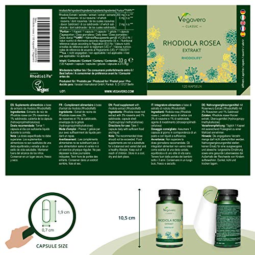 Rhodiola Rosea PREMIUM Vegavero® | Calidad Garantizada Sin Aditivos RHODIOLIFE® con 3% Rosavines + 1% Salidroside | Concentración + Estrés y Ansiedad | 200 mg de Extracto | 120 Cápsulas