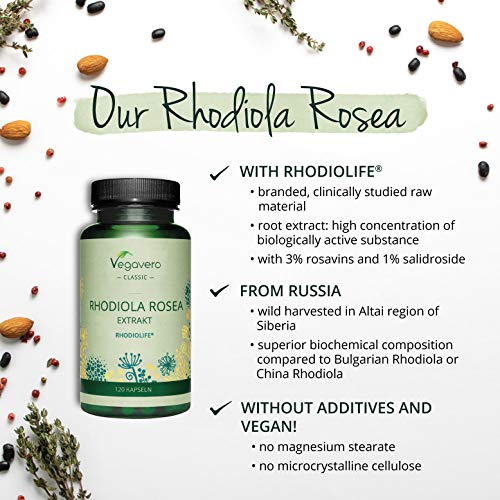 Rhodiola Rosea PREMIUM Vegavero® | Calidad Garantizada Sin Aditivos RHODIOLIFE® con 3% Rosavines + 1% Salidroside | Concentración + Estrés y Ansiedad | 200 mg de Extracto | 120 Cápsulas