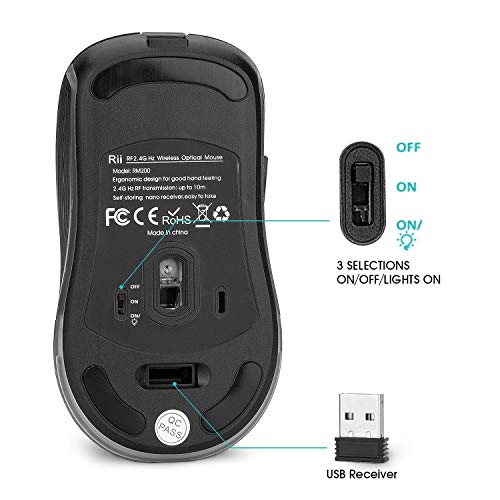 Rii RM200 Ratón inalámbrico con batería Recargable,5 Botones Receptor Nano 2.4 GHz, 3 Niveles dpi Ajustables Multicolor LED, Ideal para Notebooks, PC, Ordenadores. (Negro).