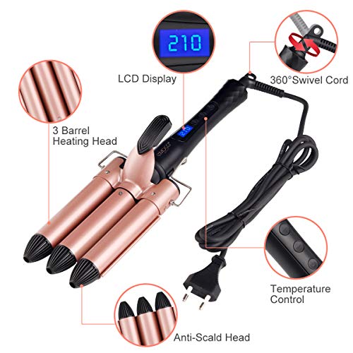 Rizador de Pelo Profesional 3 Tubos Ondulador Plancha Ondas en 25MM Tenazas para Rizar el Pelo Tourmaline en Céramique con Pantalla LCD para Largo Cabello (Rosa)