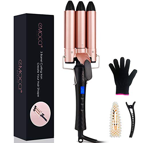 Rizador de Pelo Profesional 3 Tubos Ondulador Plancha Ondas en 25MM Tenazas para Rizar el Pelo Tourmaline en Céramique con Pantalla LCD para Largo Cabello (Rosa)