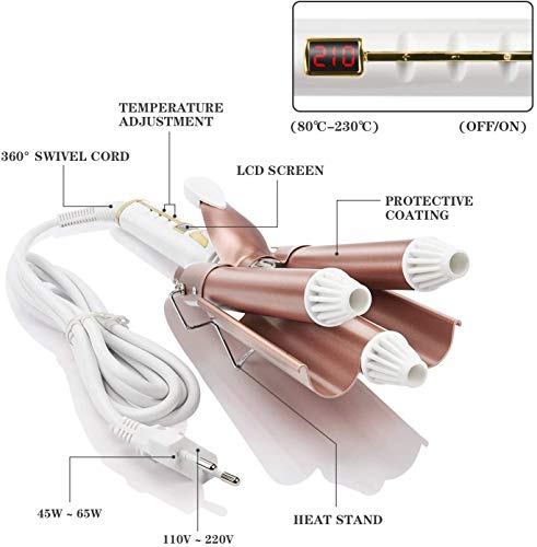 Rizador Pelo Ondas 3 Tubos 22 mm, Kaliwa Ondulador de Pelo Profesional Plancha Pelo Ondas, Ajuste de Calor 80℃ de 230℃ y Pantalla LCD, Cerámica