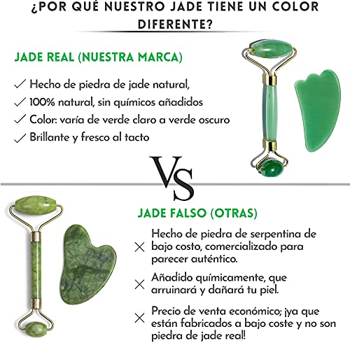 Rodillo de Jade Verde, Gua Sha y Pincel - Set de Masaje Facial en Piedra 100% Natural - Masajeador Anti Arrugas, Reducción de Ojeras, Desinflama, Intensifica Tratamientos de Belleza para el Rostro